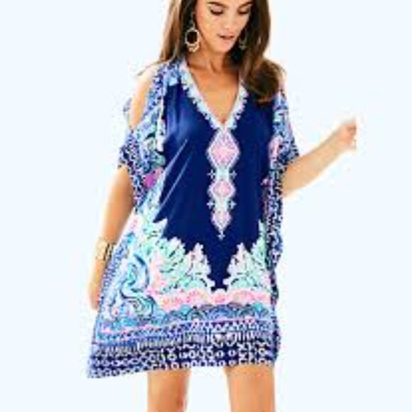 Lilly Pulitzer Dresses & Skirts - Lilly Pulitzer AtlinSilk Caftan Cover Up Seaglass Menagerie Cold Sholder L/XL
